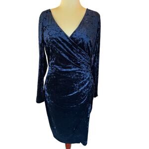 Lauren Ralph Lauren Navy Stretch V-Neck Wrap Velvet Midi Dress - 12 - Like New